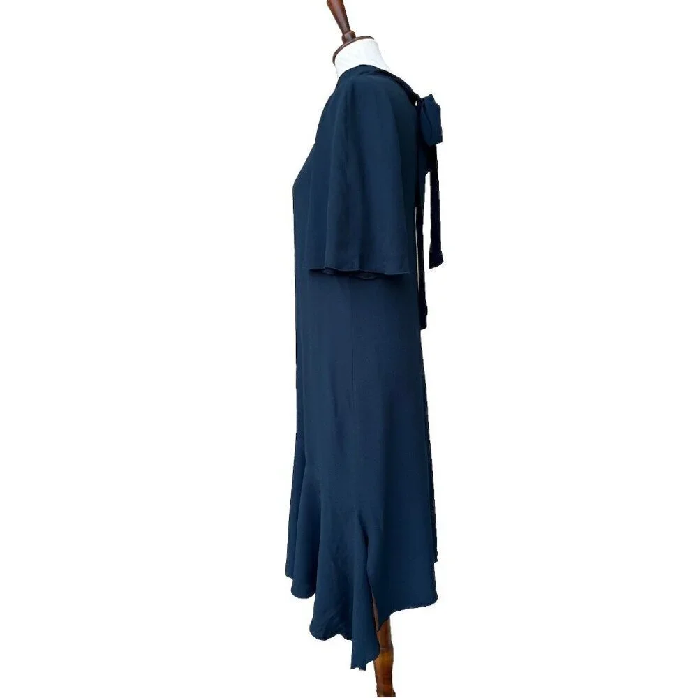 Lewit Women Green Scarab Mock Neck Back Tie Elbow Sleeve Rippling Dress Size 10 - Picture 15 of 16